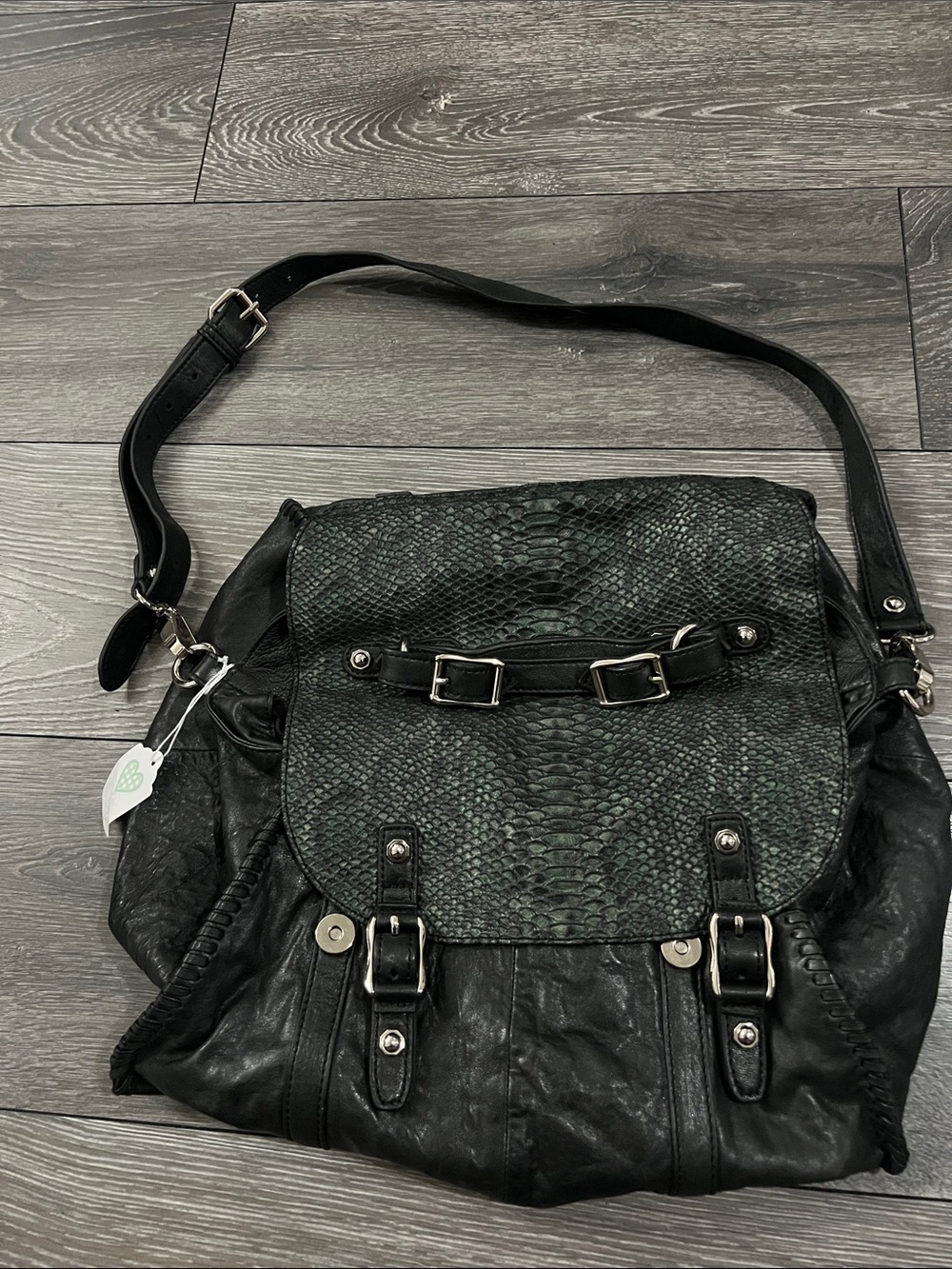 Treesje Black Leather Shoulder Bag with Green Snake-Print Flap